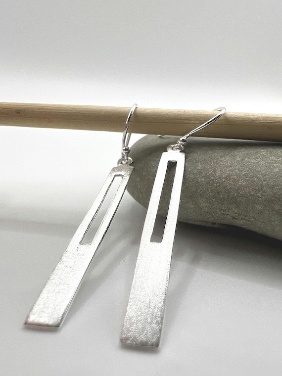 Long Silver Cut-Out Bar Earrings • Matte 925 Sterling • Minimalist Linear Dangles