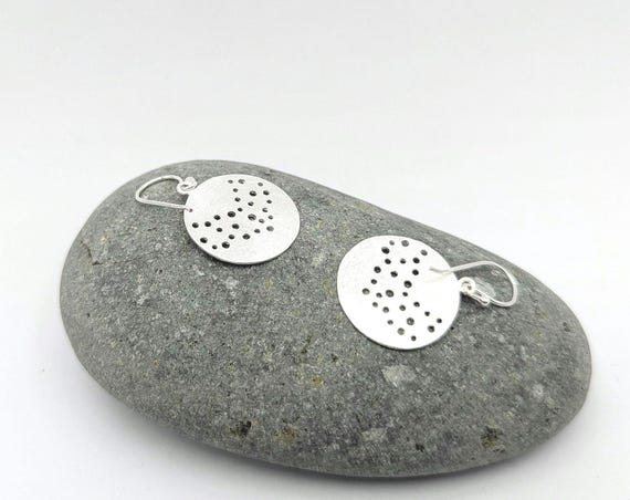 925 Sterling Silver Constellation Earrings | Matte Finish | Perforated Disc | Dotted Pattern | Minimalist Geometric Circle Dangle Jewelry