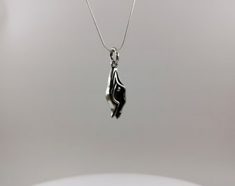 Puede incluir: Un collar con colgante plateado con un diseño abstracto. El colgante, con una incrustación oscura, cuelga de una fina cadena de plata. El collar se muestra sobre un fondo neutro. El diseño del colgante es estilizado y llamativo.