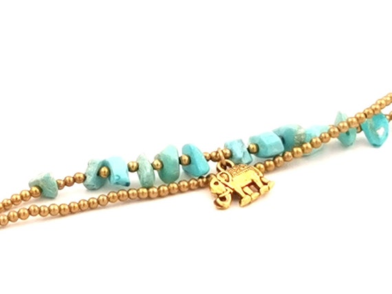 Brass Anklet with Tumbled Natural Stones and Elephant Bead