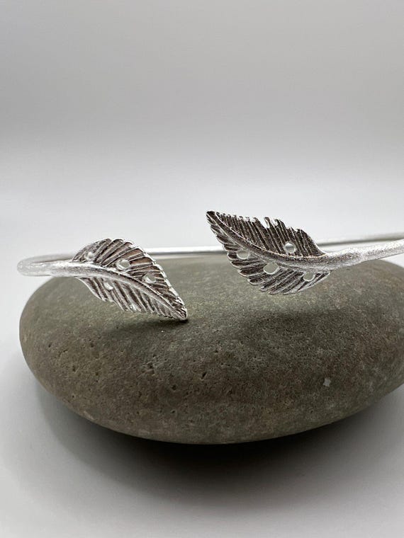 925 Silver Leaf Bracelet • Adjustable Matte Finish Cuff