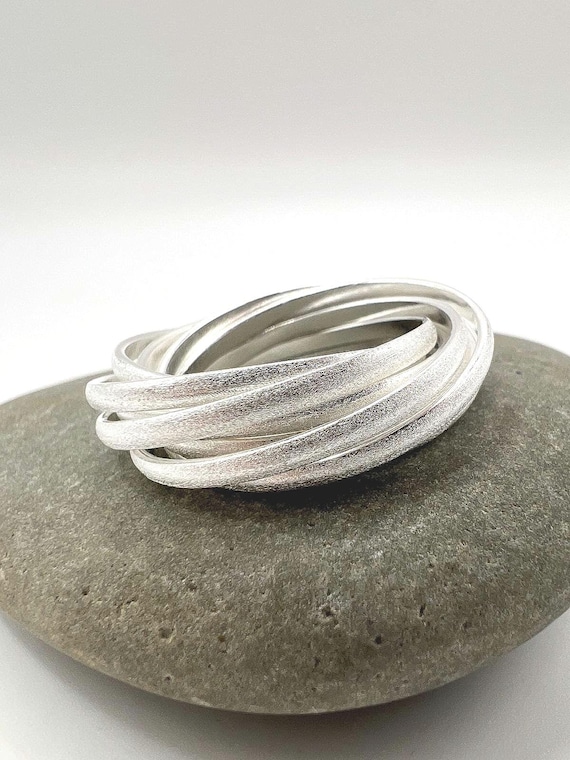 Matte Sterling Silver Rolling Ring • 9-Band Russian Ring • Wide Interlocking Silver Ring • Textured Minimalist Statement Ring 925