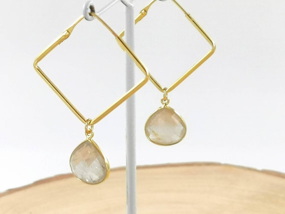 Square Hoop Earrings 18k Gold Plated 925 Silver with Faceted Stone Charm, Customisable Hoops