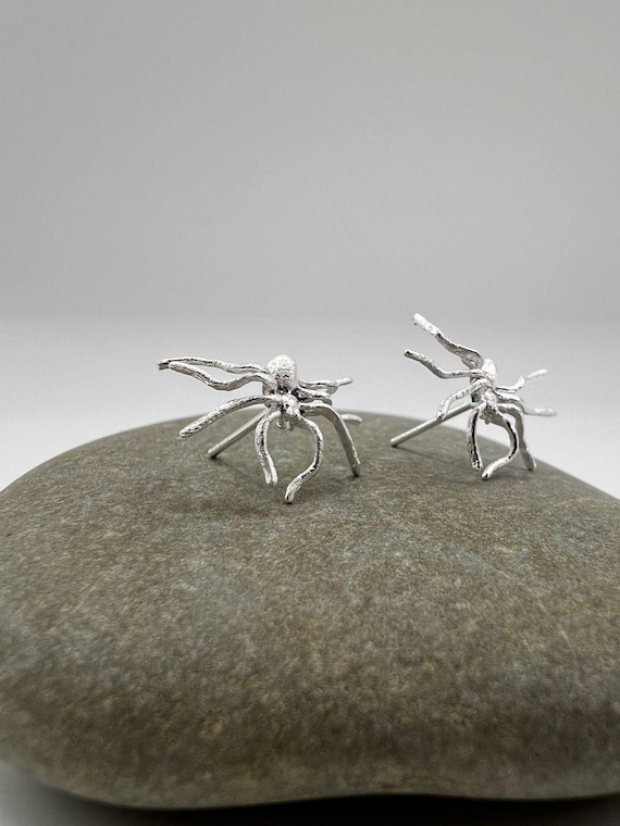 Sterling Silver Spider Stud Earrings • Matte 925 Silver Creepy Cute Arachnid Jewelry