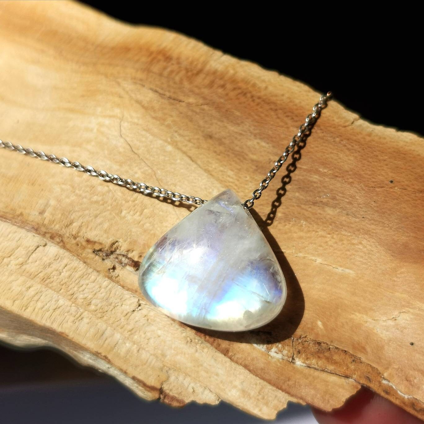 Moonstone Charm on 925 Silver Chain, Floating Rainbow Moonstone Charm