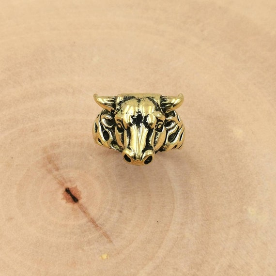 Golden Bull Head Ring, Unisex Animal Head Ring Brass