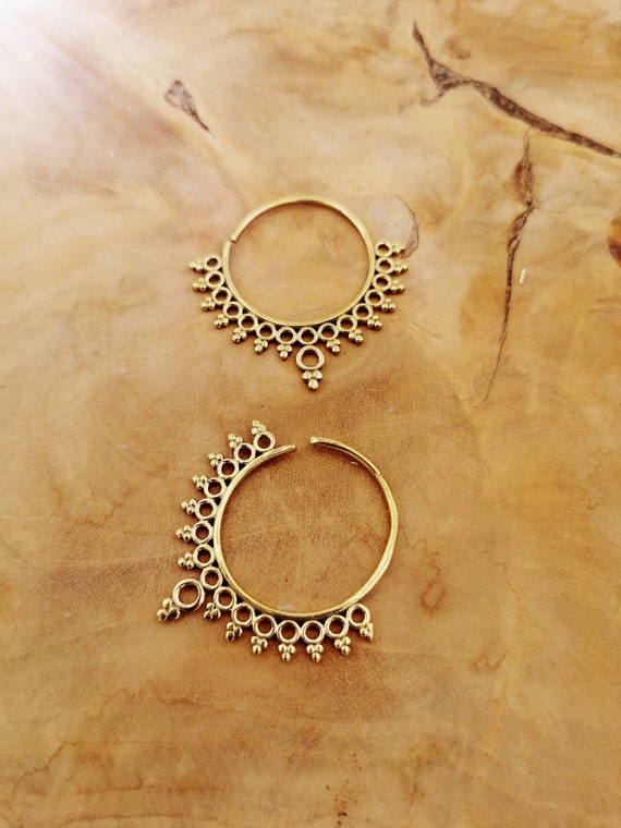 Elegant Brass Boho Hoop Earrings with Oriental Pattern