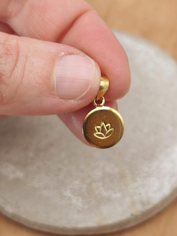 Lotus Coin Pendant Gold, Mini Lotus Charm Necklace, 925 Sterling Silver, 18k Gold Plated, Dainty Yoga Jewelry Gift