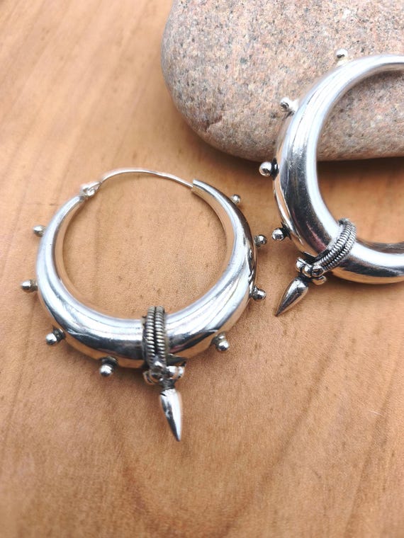 Large silver plated  Tribal Hoop Earrings, Spiked Boho Jewelry