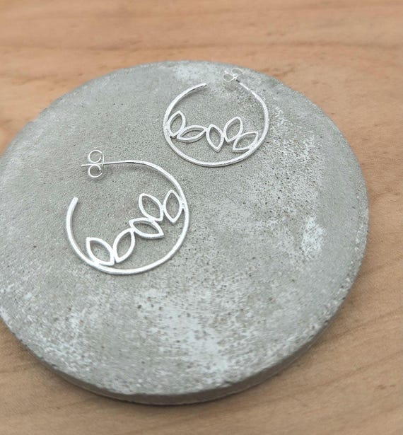 925 Sterling Silver Leaf Hoop Earrings | Matte Finish | Botanical Nature Inspired | Minimalist Branch Design | Organic Botanical Jewelry