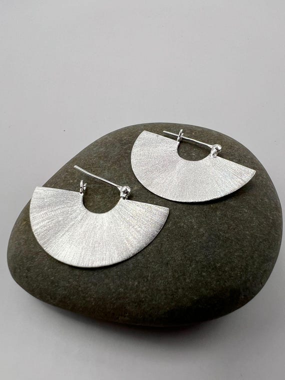 Matte Fan Earrings 925 Silver • Statement Tribal Fan Studs • Wide Geometric Half-Moon Earrings • Textured Silver Fans