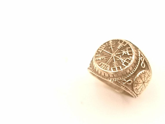 Vegvisir Signet Ring Gold, Fraternity Rune Ring, Viking Ring Brass