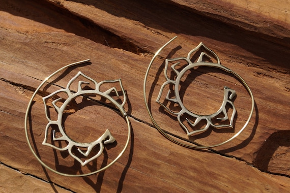 Boho Spiral Earrings "Lotus Spiral" Brass, Tribal Spiral Earrings