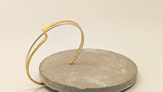 Sterling Silver and 18K Gold Plated Bangle – Minimalist Matte and Shiny Cuff Bracelet