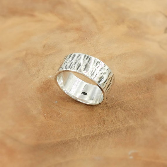 Hammered 925 Silver Ring for Men and Women, Brutalist Unisex Band Medium Width