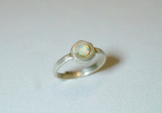 Hexagon Ring with Rainbow Moonstone or Opal, 925 Silver