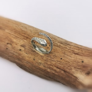 Könnte beinhalten: Ein silberner Schlangenring mit einem detaillierten Schlangenkopfdesign. Der Ring ist um ein Stück Treibholz gewickelt.