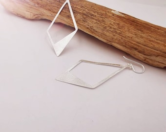 Large Silver Rhombus Earrings, 925 Silver Rhomboid Earrings with Matte Finish