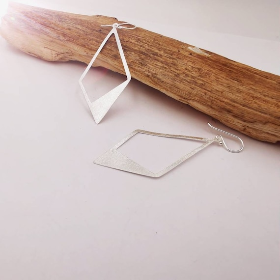 Large Silver Rhombus Earrings, 925 Silver Rhomboid Earrings with Matte Finish