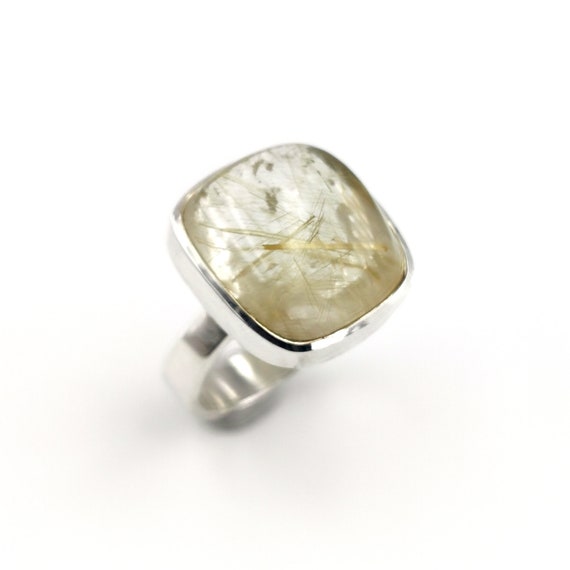 Gold Rutile Quartz Ring 925 Silver, Square Crystal Ring