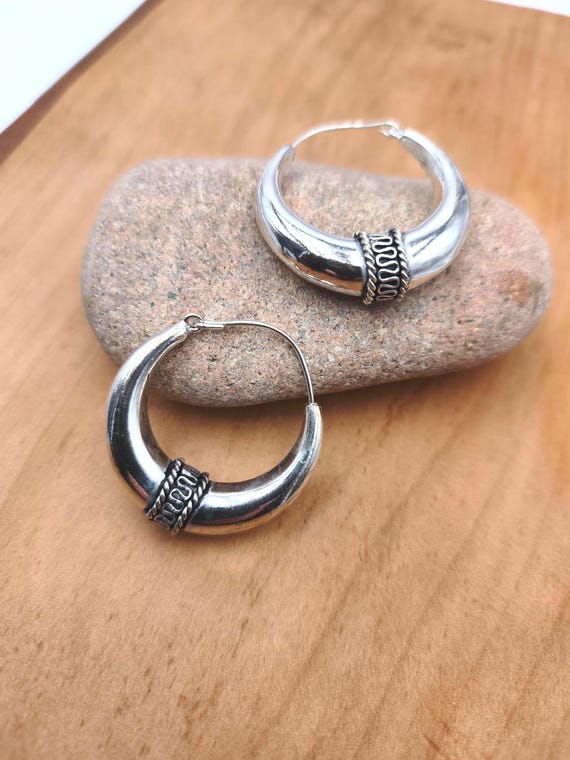 Silver  plated  Tribal Hoop Earrings,  Boho Jewelry