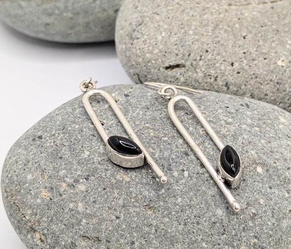 Geometrical Minimalist Silver Earrings with Black Onyx/Green Onyx/Cornelian/Turquoise