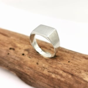 Könnte beinhalten: Ein silberner Siegelring mit rechteckiger Oberfläche. Der Ring liegt auf einem Stück Treibholz. Das Design des Rings ist schlicht und modern, mit poliertem Finish. Der Ring ist ein klassisches Schmuckstück.