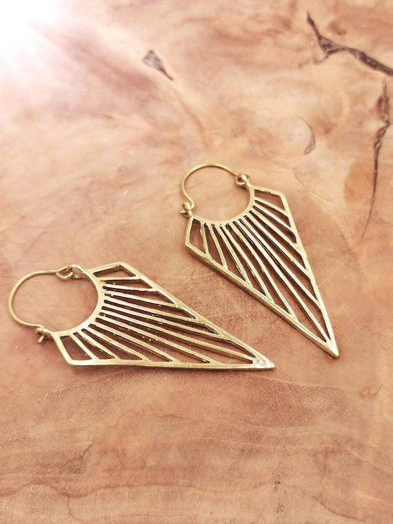 Rhomboid Fan Gold Earrings in Three Sizes