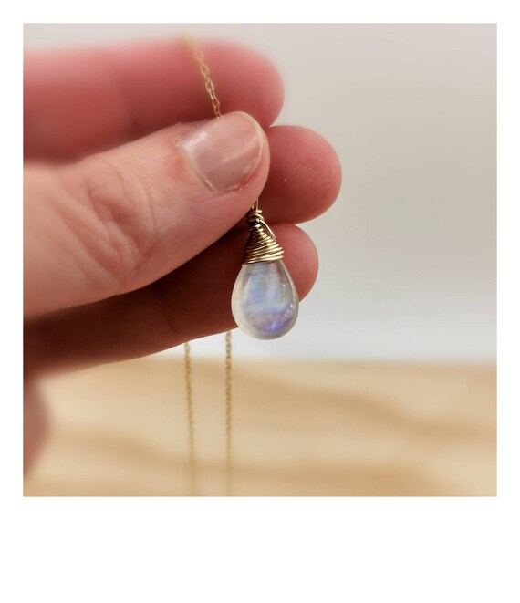 Rainbow Moonstone Drop Pendant 18k gold filled with Chain, Handmade Floating Stone Necklace, Moonstone Charm