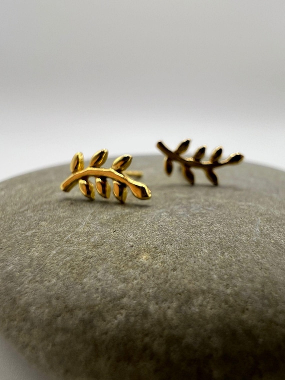 Gold Branch Stud Earrings • Matte 18K Gold Plated 925 Silver • Nature Leaf Minimalist Studs