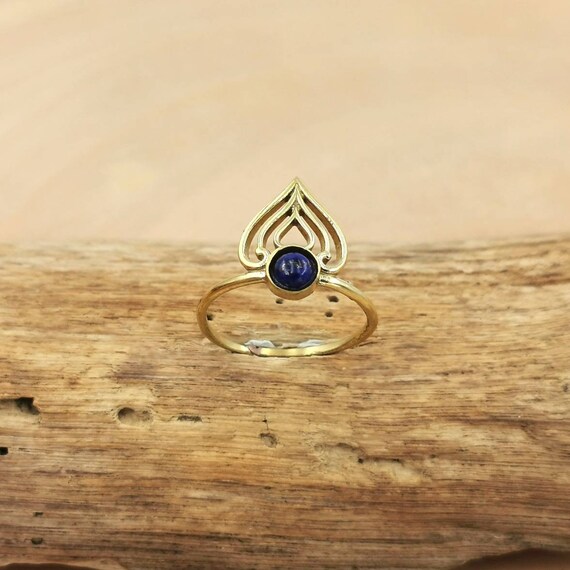 Golden Oriental Crown Boho Ring with Stone, Dainty Brass Ring with Labradorite/ Moonstone/ Black Onyx/ Lapislazuli