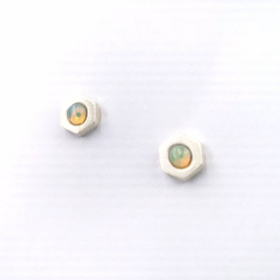 Hexagon Opal Studs, 925 Silver/ 18k Gold Plated, Opal or Moonstone