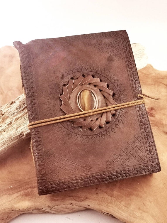 Handmade Leather Notebook with Tiger's Eye, 4,5x 6 Inch Travel Journal with Handmade Paper