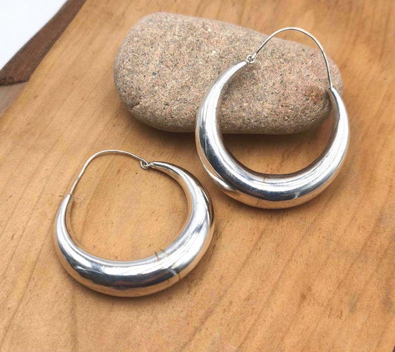 Large silver plated  Tribal Hoop Earrings,  Boho Jewelry