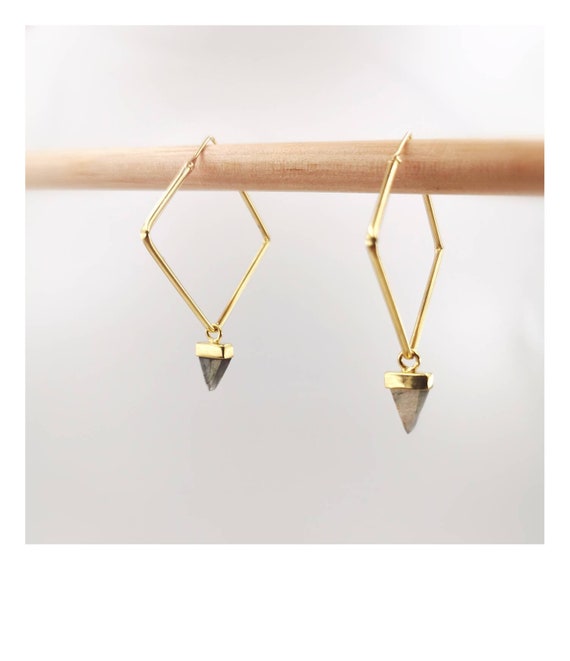 Square Hoop Earrings 18k Gold Plated 925 Silver with Triangular Stone Charm, Square Huggie Hoops with Stone