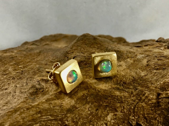 Square Studs with Opal/ Rainbow Moonstone in 925 Silver/18K Gold Plated