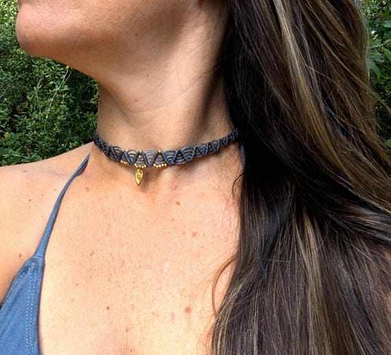 Handmade Adjustable Macramé Choker in Nine Different Colours with Nickel-Free Brass Beads