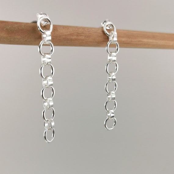 Fine Chain Stud Earrings 925 Silver, Minimal Chain Earrings