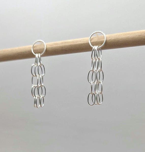925 Sterling Silver Chain Earrings | Matte Circle Stud | Multi Chain Dangle | Minimalist Chandelier Earrings | Modern Waterfall Jewelry