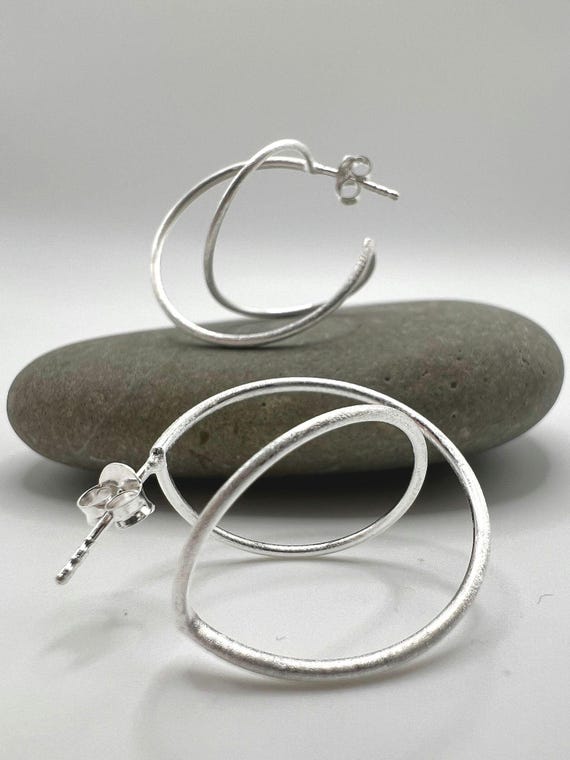 Matte 925 Silver 3D Spiral Hoops • Modern Sculptural Earrings • Minimalist Statement Earrings