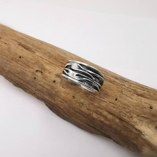 Folded 925 Silver Brutalist Ring, Unisex Brutalist Ring, Wrinkled Ring, Ocean Ring, Wave Ring