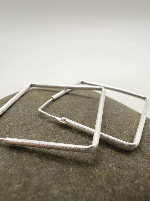 Square Hoop Earrings 925 Silver • Matte Minimalist Hoops • Modern Geometric Earrings • Lightweight Statement Hoops • Two Sizes Available