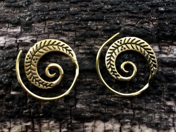 Boho Spiral Earrings "Little Feather" Brass