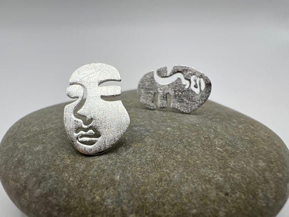 Matte 925 Silver Face Stud Earrings • Abstract Line Art Earrings • Minimalist Artistic Earrings