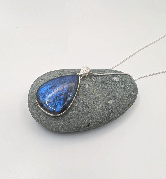 Blue Labradorite 925 Silver Drop Pendant, Large Natural Stone Pendant