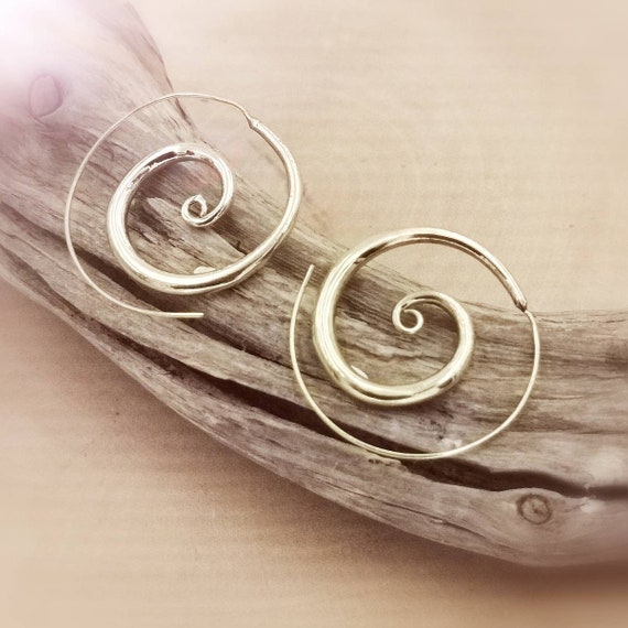 Medium Brass Spiral Boho Earrings, Tribal Spiral Earrings