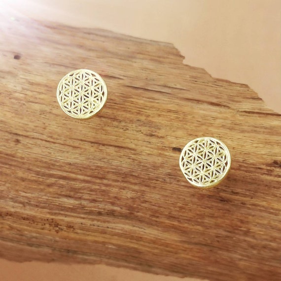 Flower of Life Stud Earrings 18k Gold Plated 925 Silver, Sacred Geometry Studs, Small Flower of Life Studs