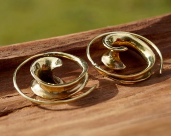 Brass Flowing Curl Spiral Earrings, Boho Style