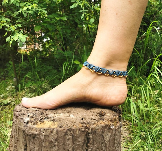 Simple Handmade Macrame Anklet with Brass Beads in Different Colours, Adjustable Macrame Anklet