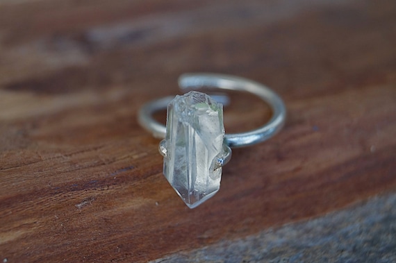 Raw Quartz Ring Brass/Silver, Natural Quartz Ring, Adjustable Chrystal Ring